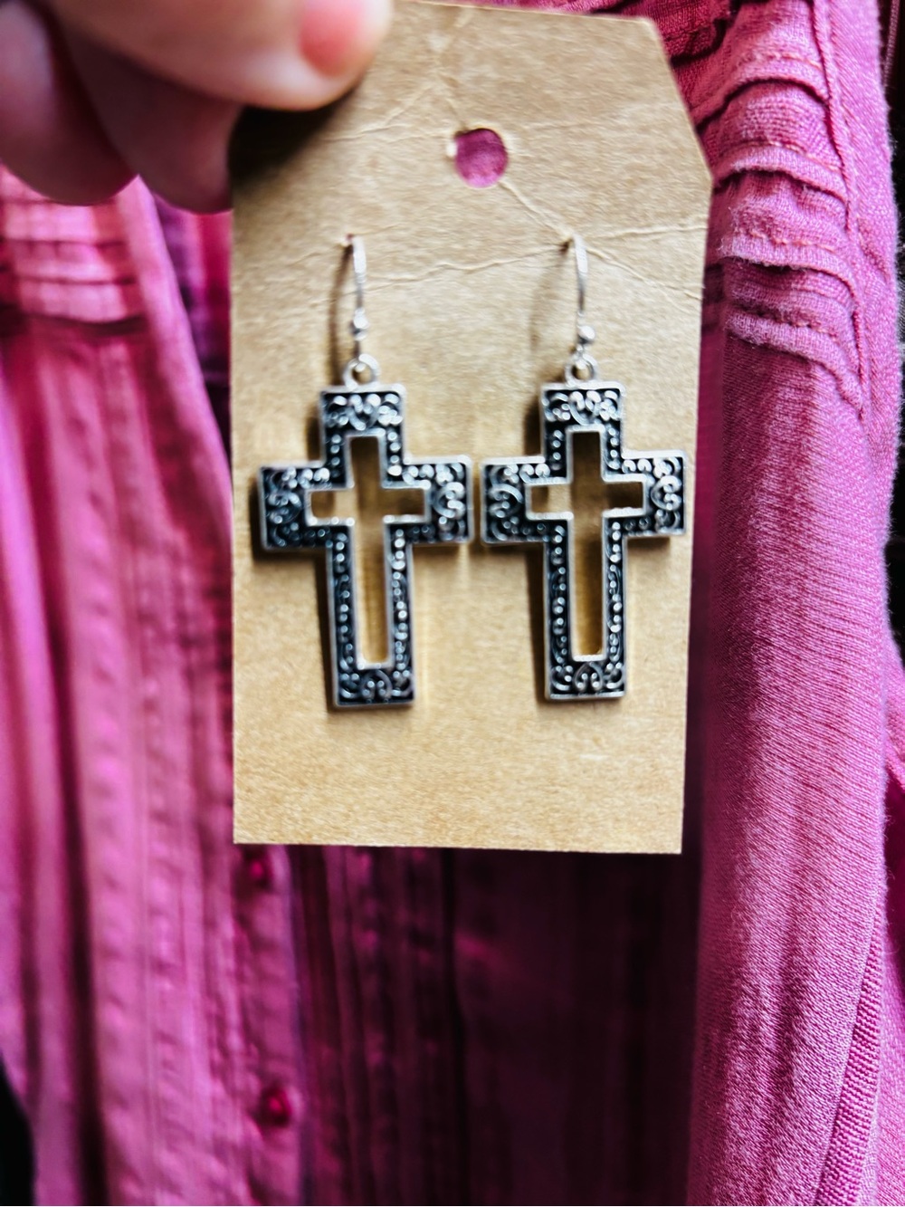 ICON Silver Cross Dangle Earrings with Black Accents
